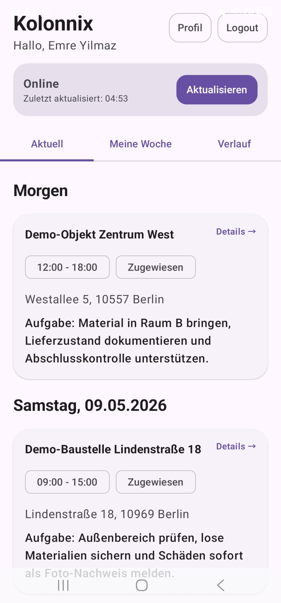 Mitarbeiter-App mit allen anstehenden Baustellen und Einsätzen komplett sichtbar