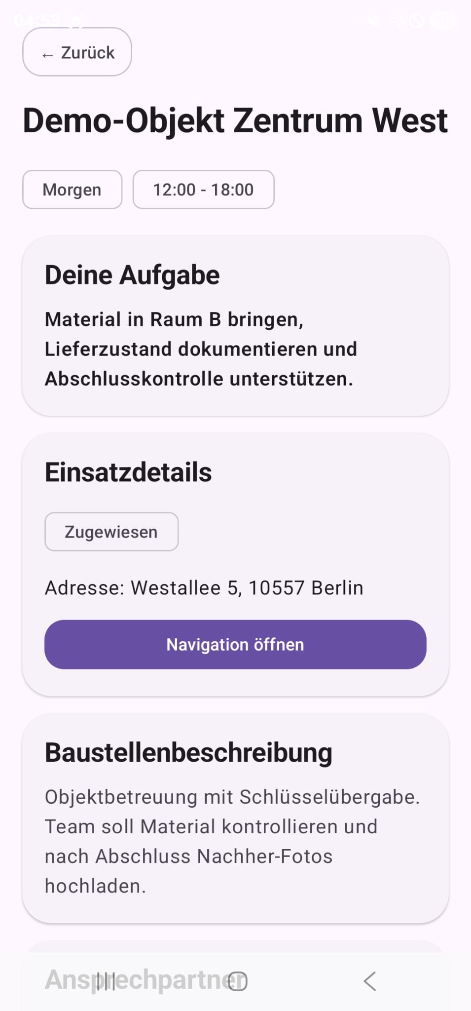 Mitarbeiter-App Baustellendetails mit Aufgabe, Einsatzdetails und Navigation