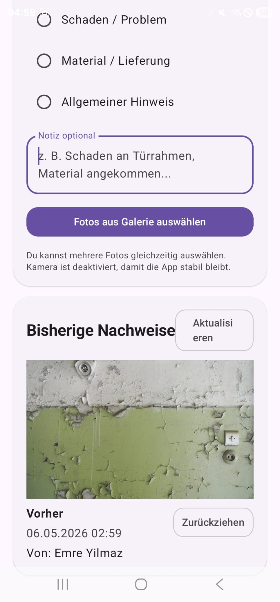 Mitarbeiter-App Foto-Nachweis mit Kategorie, Notiz, Upload und Zurückziehen