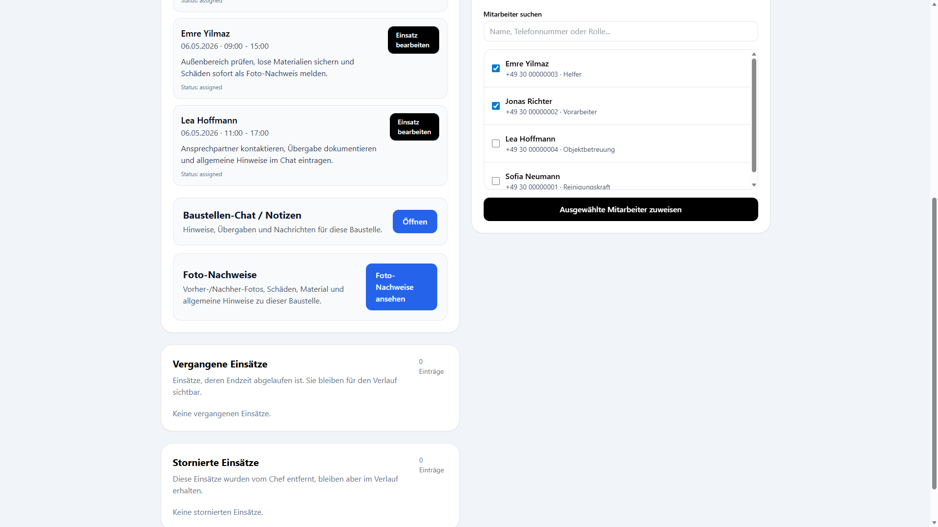 Chef-Webpanel zur Baustellenplanung mit Mitarbeiterzuweisung und Chat Bereich