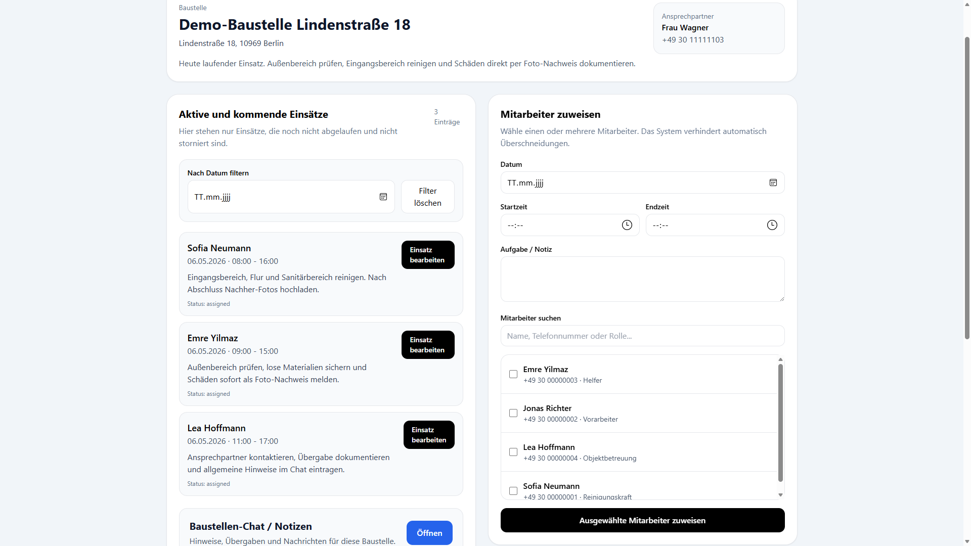 Chef-Webpanel Baustelle planen und Mitarbeiter zuweisen