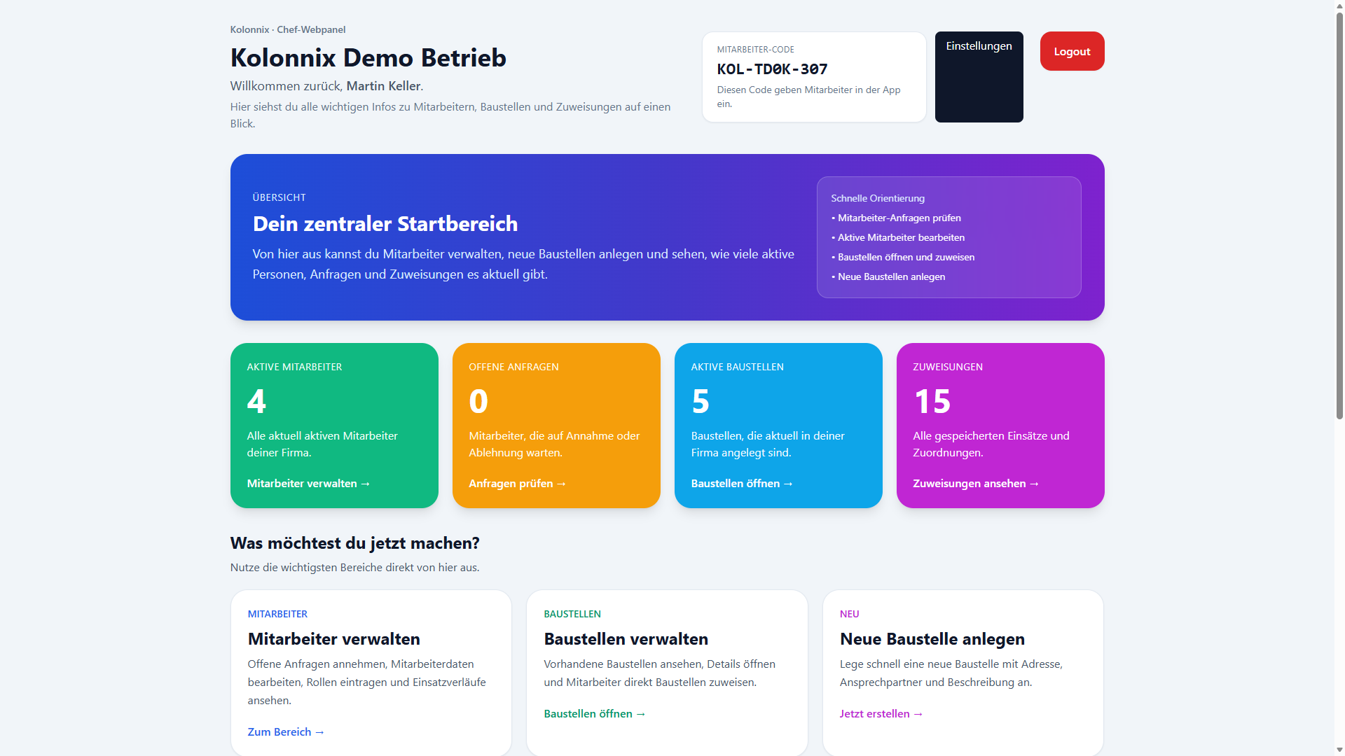 Kolonnix Hauptpanel mit Kennzahlen, Mitarbeiter-Code und Schnellzugriff