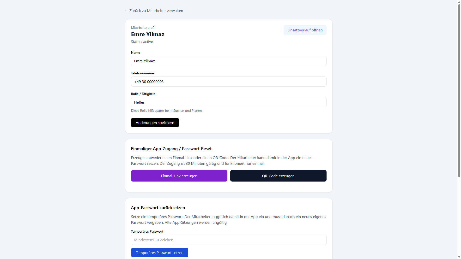 Chef-Webpanel Mitarbeiterprofil mit Einmal-Link, QR-Code und Passwort-Reset